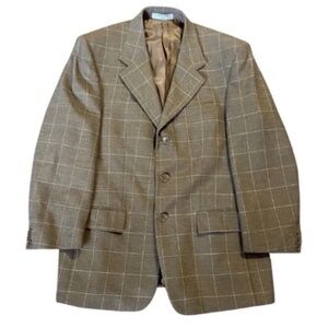 Mens Blazer Windowpane Brown White Check 40S Double Vent Worsted Wool Coat